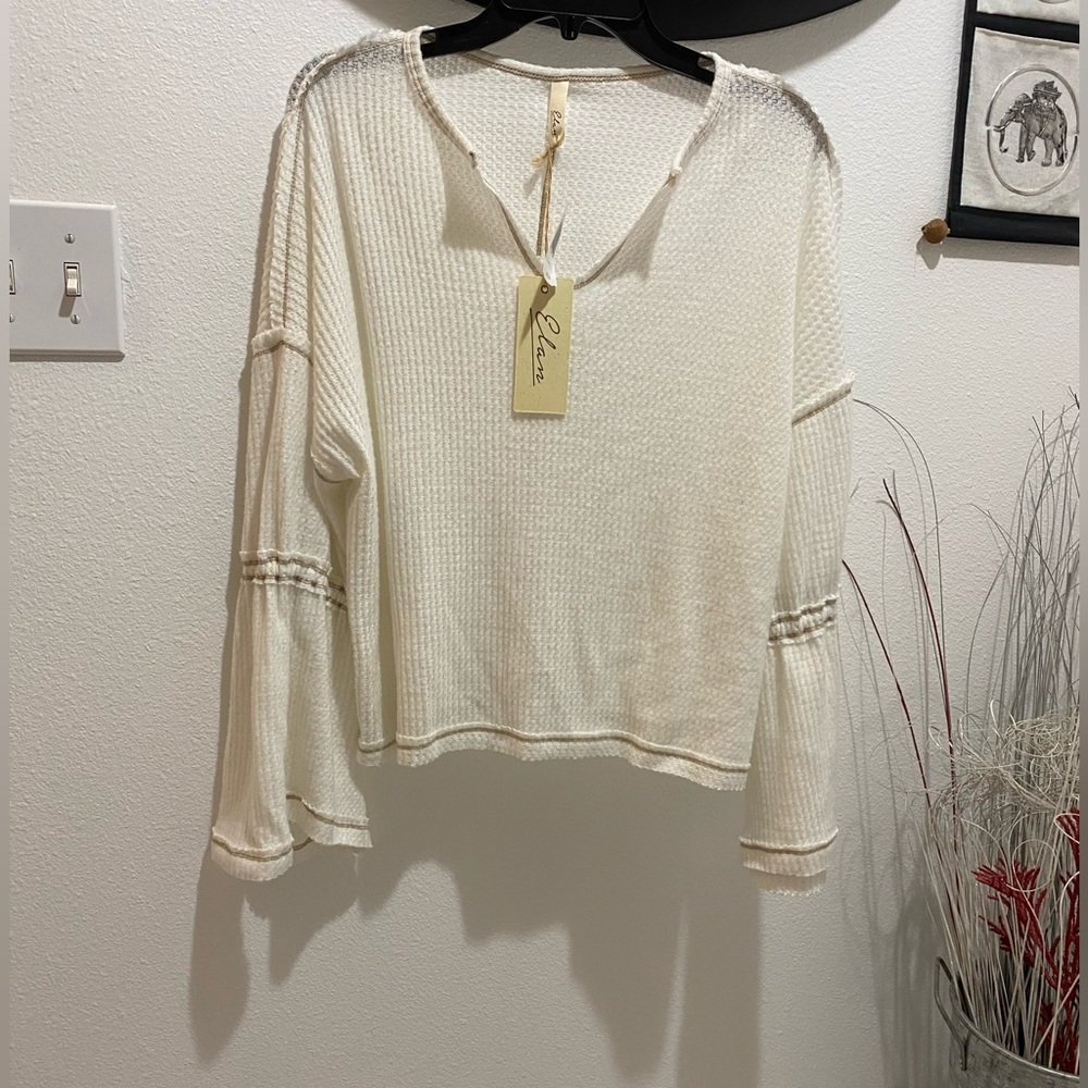 Elan Ladies Long Sleeve Textured Off White Top - S - Picture 2 of 8